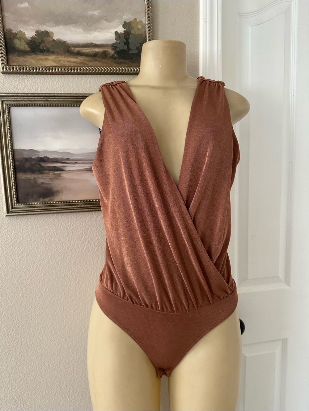 Marciano Rust Brown Sleeveless Faux-Wrap Bodysuit